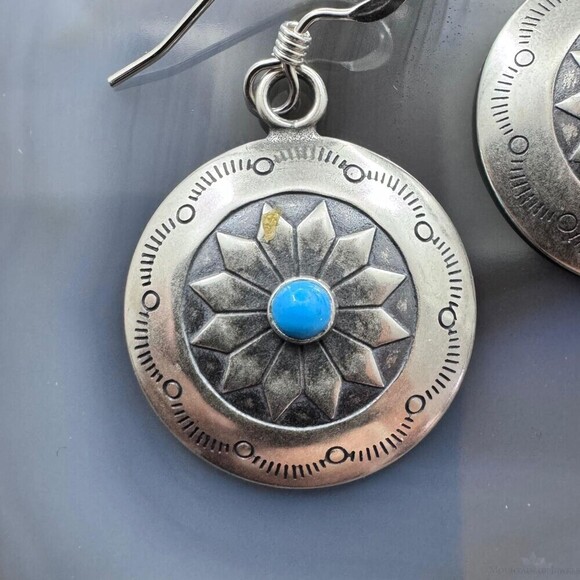 Native American Sterling Silver Turquoise Dot Stamped Concho Dangle Earrings - Picture 5 of 10